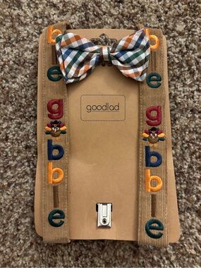 Good Lad Tan Suspenders with Multicolor Embroidered Letters and Plaid Bow Tie